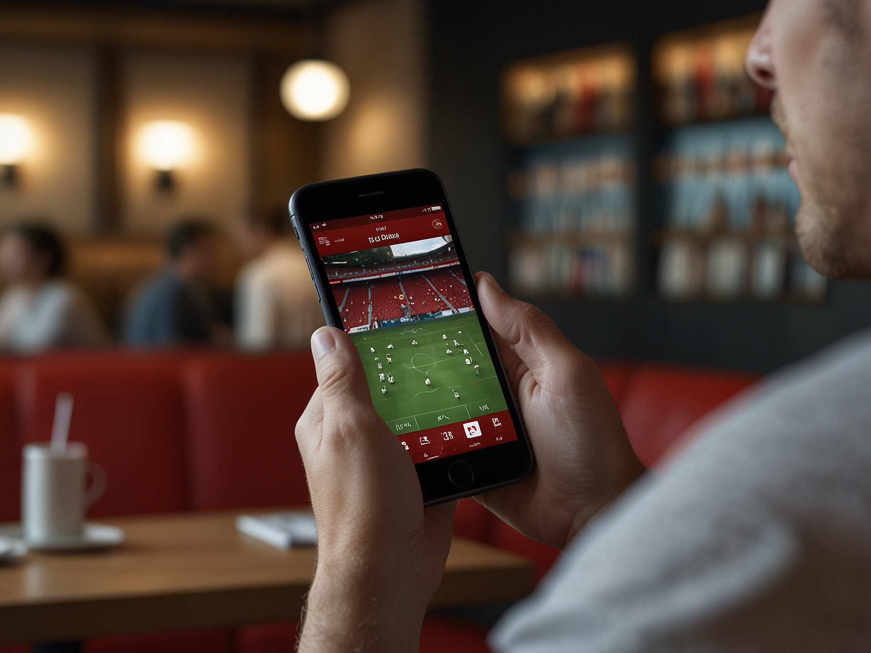 Professioneller Sportfan mit Smartphone in exklusivem Ambiente